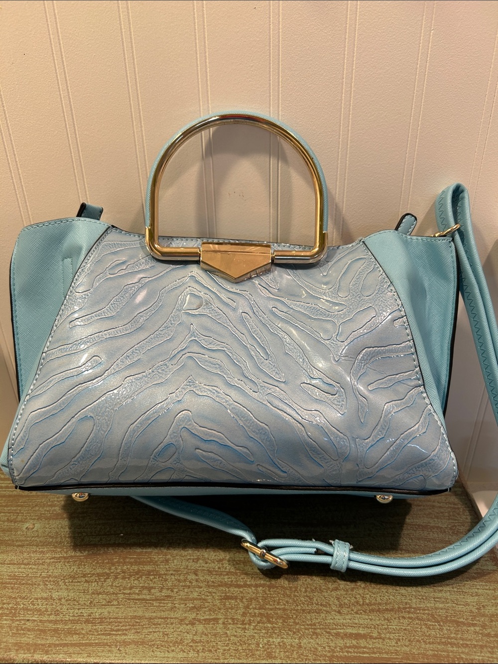 Aqua Textured Leather Satchel with Gold Accent - Picture 4 of 4